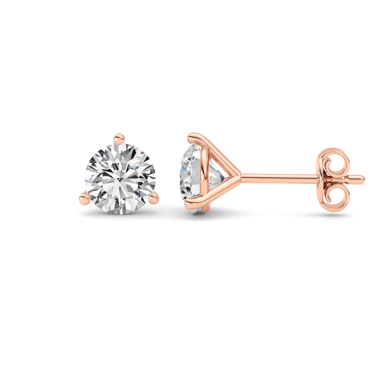 Round Shaped Lab Grown Diamond Three Prong Martini Stud Earrings