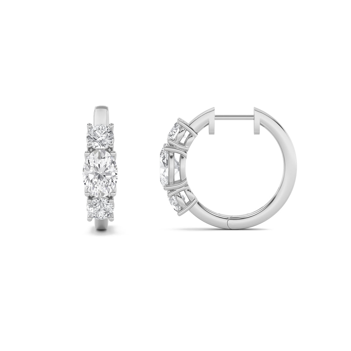 Oval Shaped Lab Grown Diamond Three Stone Huggie Earrings