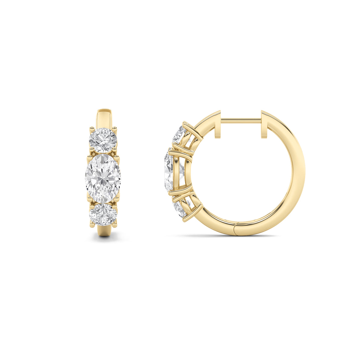 Oval Shaped Lab Grown Diamond Three Stone Huggie Earrings