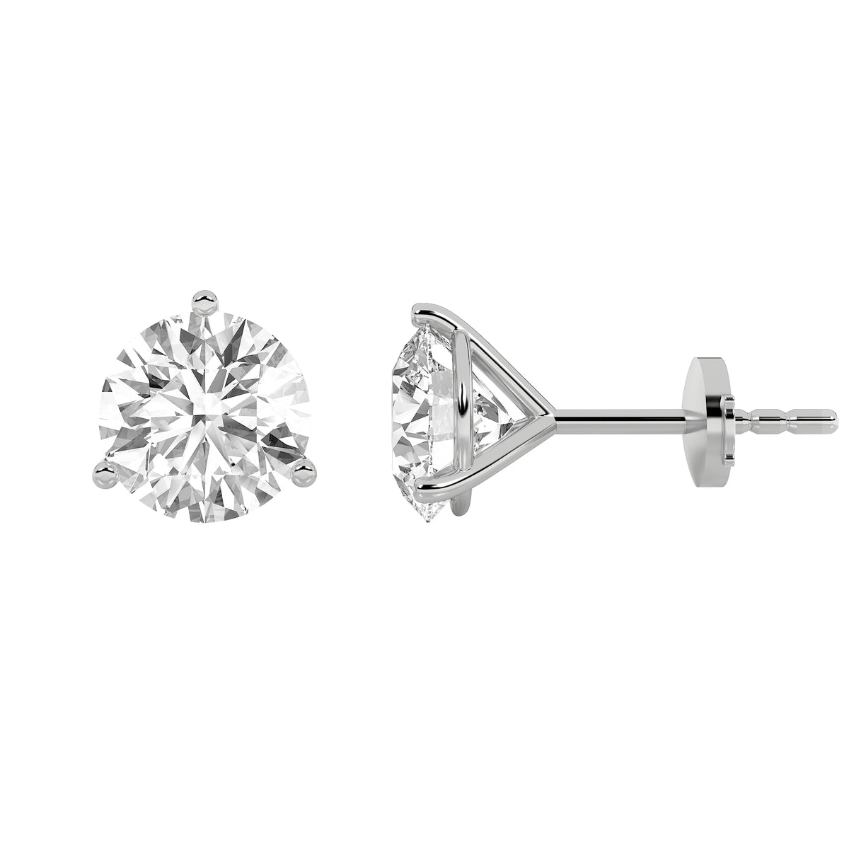 Round Shaped Lab Grown Diamond Three Prong Martini Stud Earrings