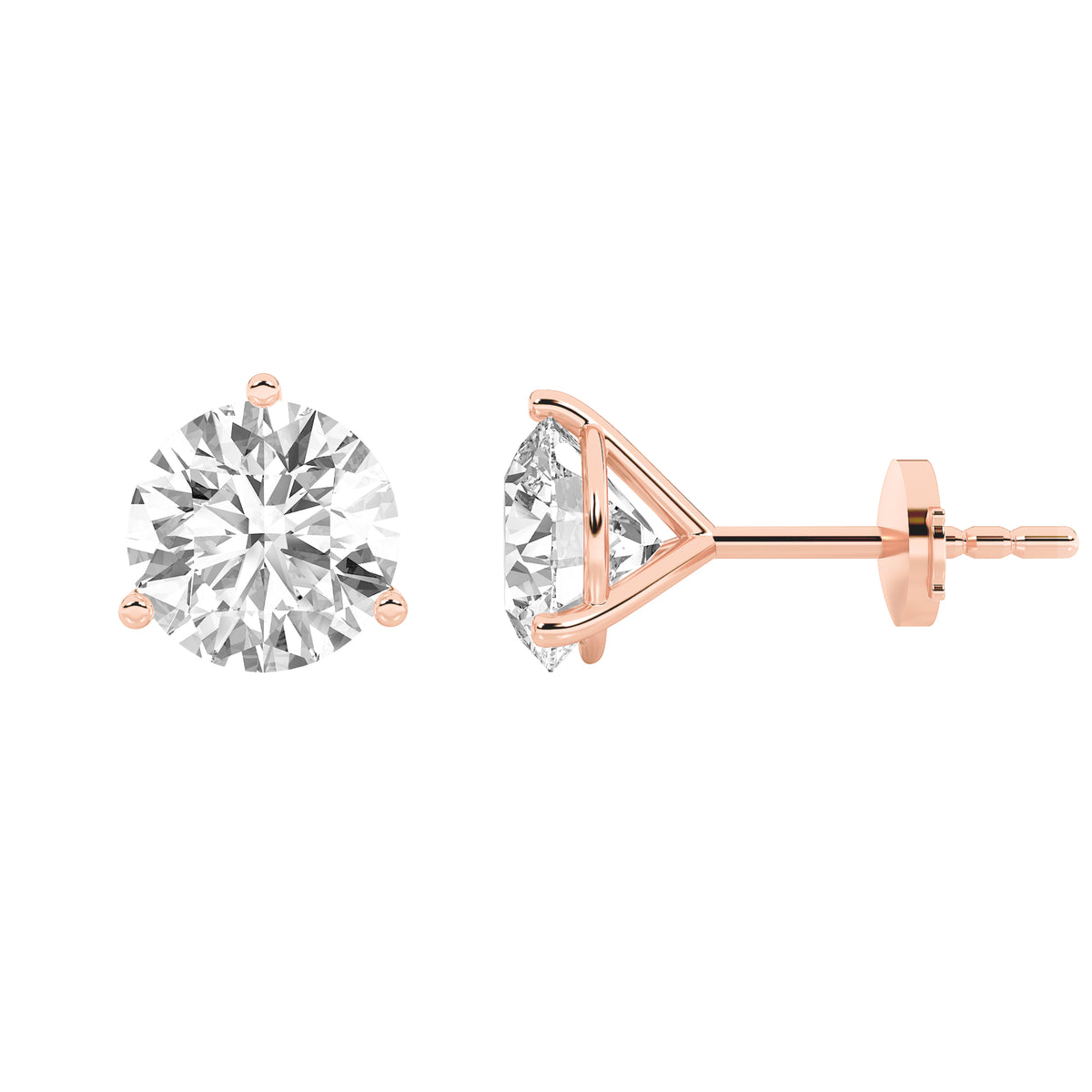 Round Shaped Lab Grown Diamond Three Prong Martini Stud Earrings