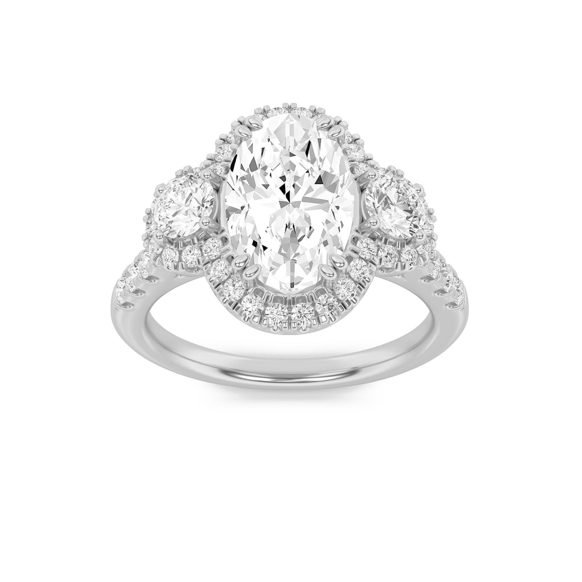 Oval Shaped Lab Grown Diamond Three Stone Accented Ring