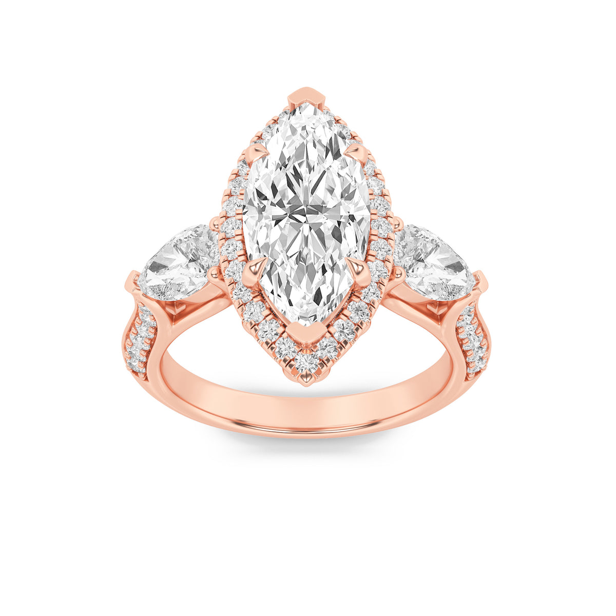 Marquise Shaped Lab Grown Diamond Three Stone Halo Enagement Ring