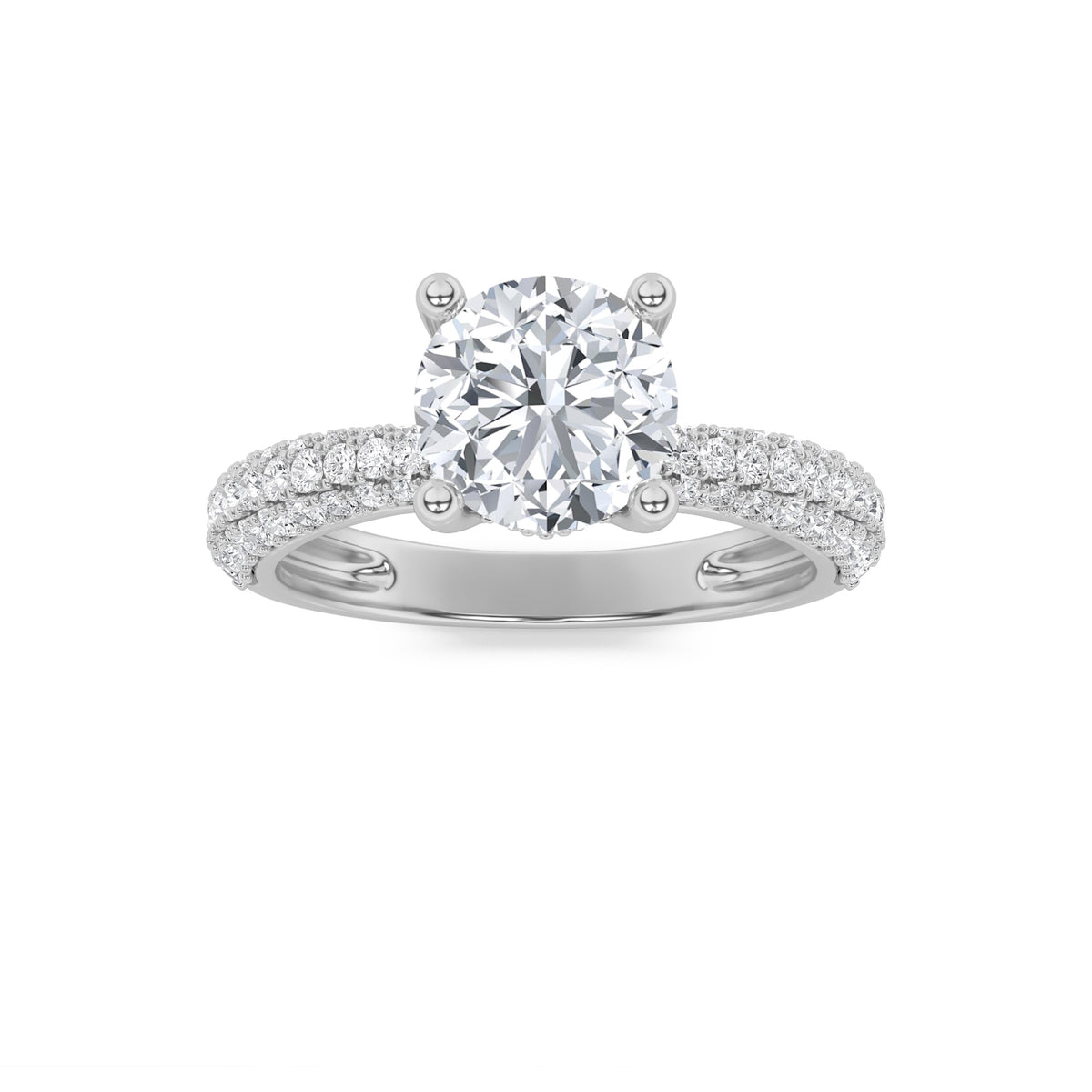 Round Shaped Lab Grown Diamond Three Row Micro Pave Engagement Ring