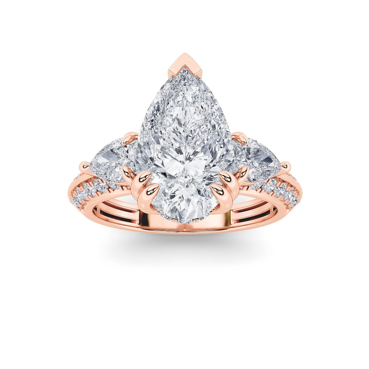 Pear Shaped Lab Grown Diamond Three Stone Accented Engagement Ring