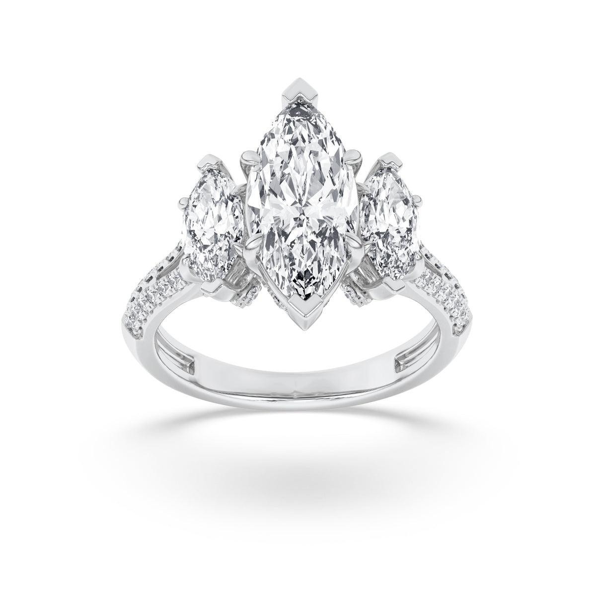 Marquise Shaped Lab Grown Diamond Three Stone Accented Engagement Ring
