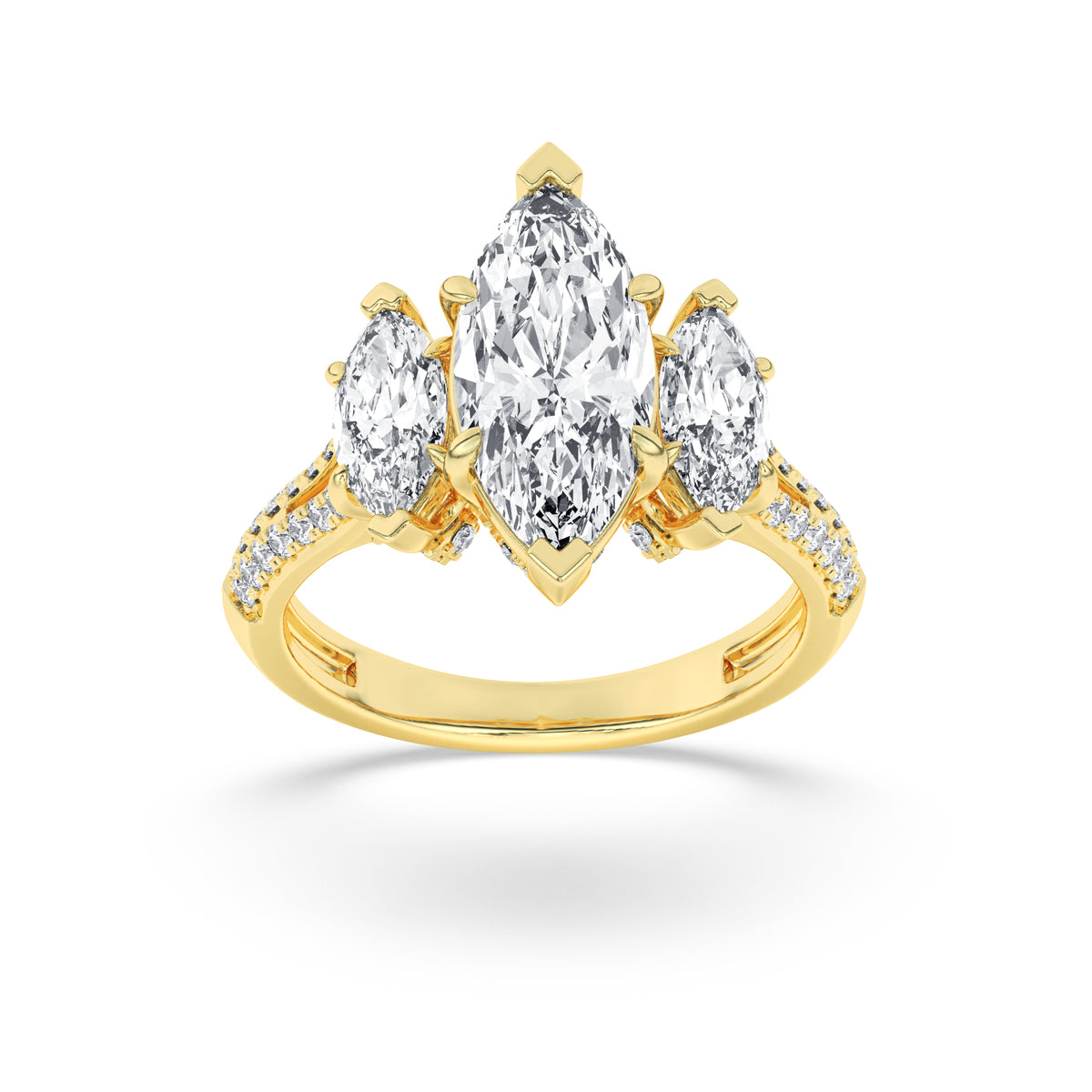 Marquise Shaped Lab Grown Diamond Three Stone Accented Engagement Ring