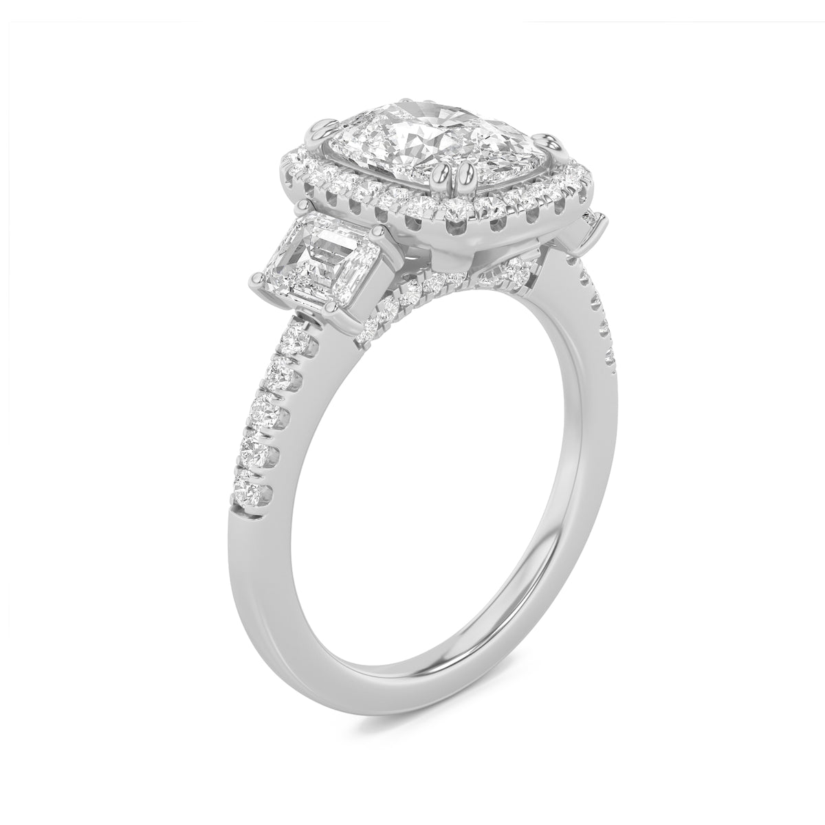 Elongated Cushion Shaped Lab Grown Diamond Accented Three Stone Ring