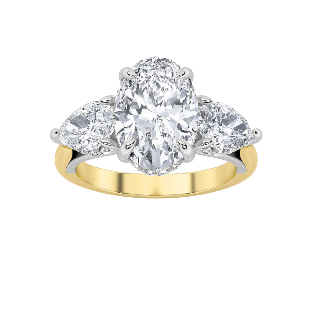 Oval Shaped Lab Grown Diamond Accented Three Stone Ring