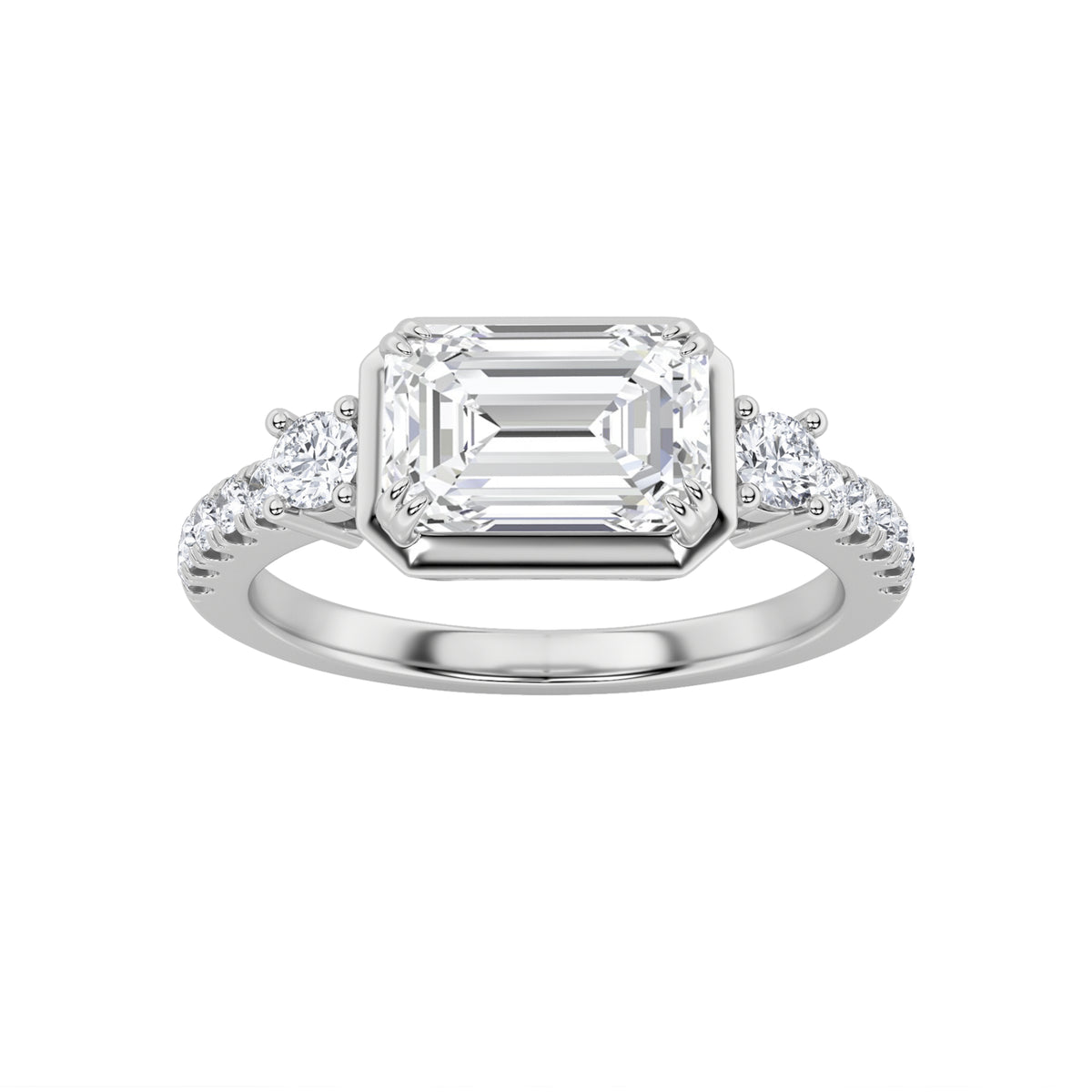 Emerald Shaped Lab Grown Diamond East West Accented Three Stone Ring