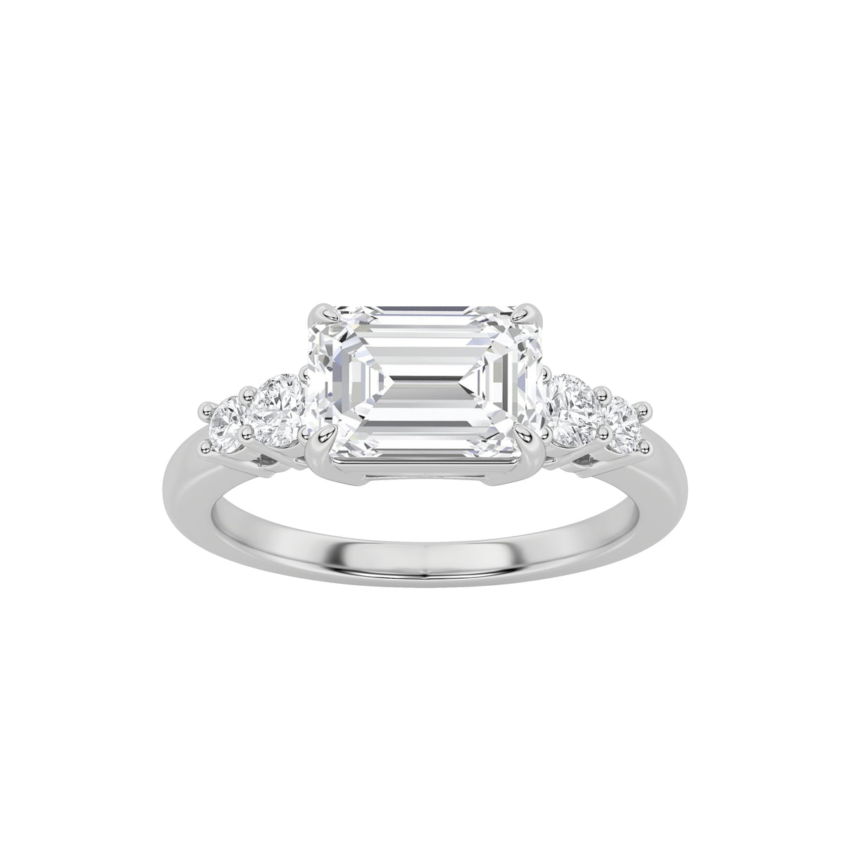 Emerald Shaped Lab Grown Diamond East West Accented Three Stone Ring