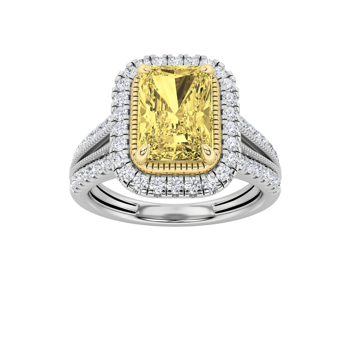 Radiant Shaped Fancy Yellow Lab Grown Diamond Split Shank Halo Engagement Ring