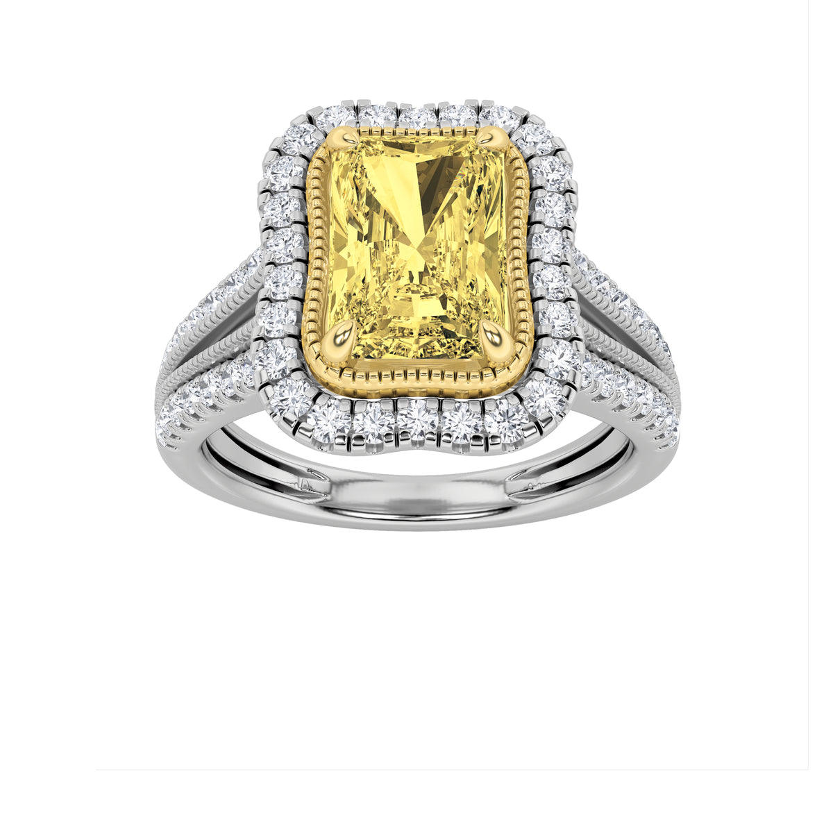 Radiant Shaped Fancy Yellow Lab Grown Diamond Split Shank Halo Engagement Ring