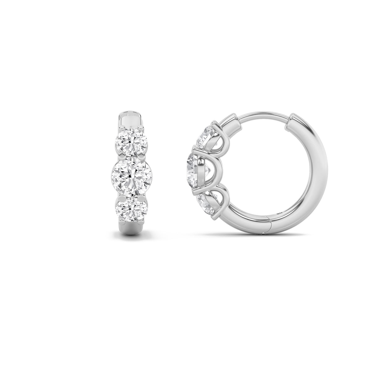 Round Shaped Lab Grown Diamond Three Stone Huggie Earrings