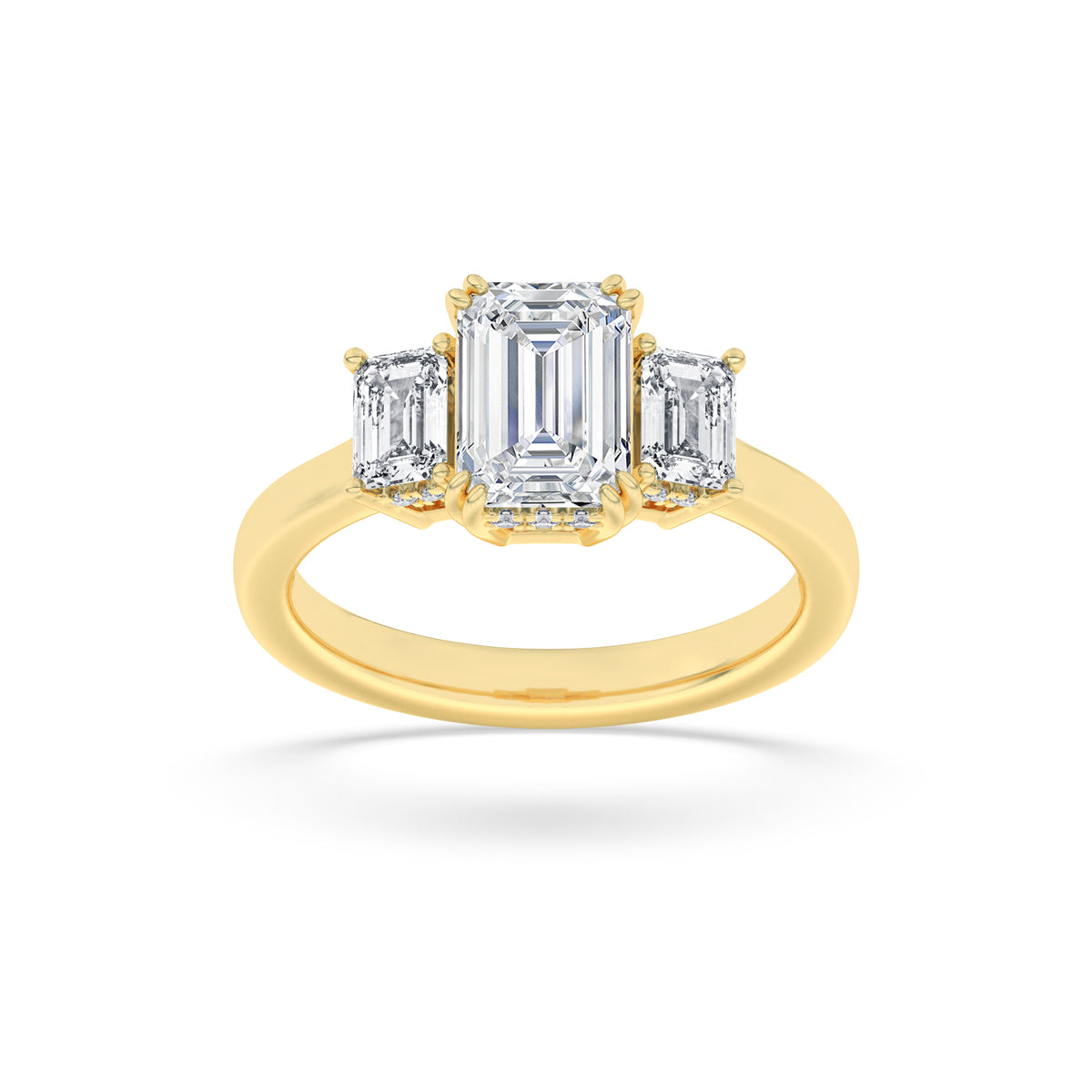 Emerald Shaped Lab Grown Diamond Three Stone Accented Ring