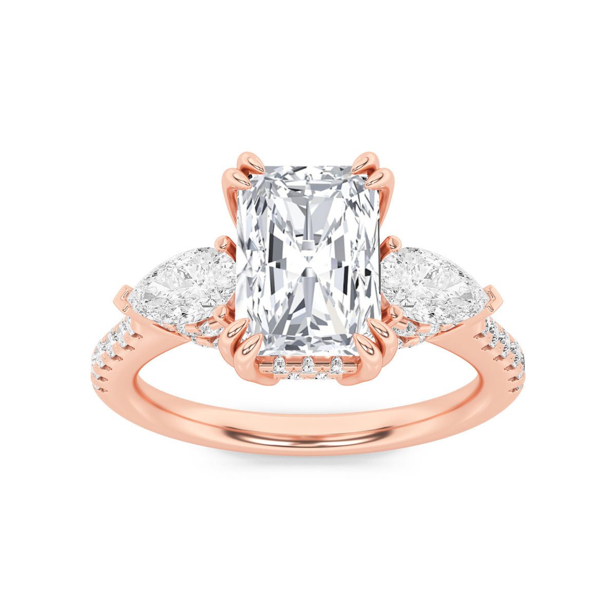 Radiant Shaped Lab Grown Diamond Accented Three Stone Ring