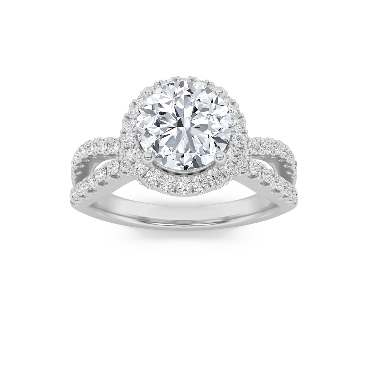 Lab Grown Diamond Split Shank Halo Accented Engagement Ring