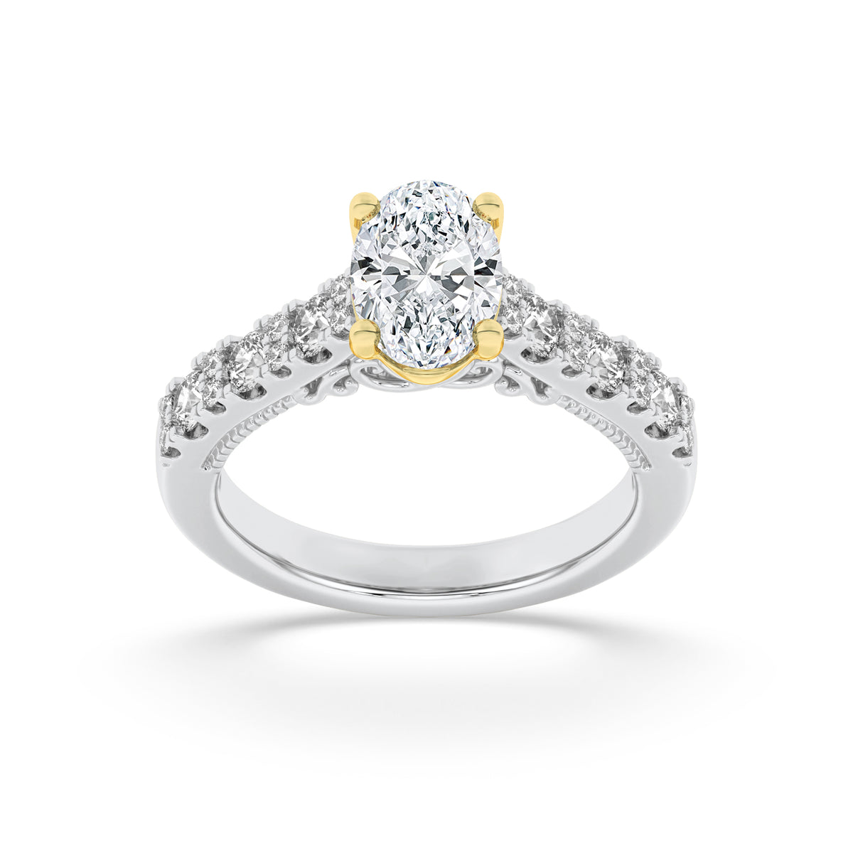 Oval Shaped Lab Grown Diamond Accented Milgrain Engagement Ring