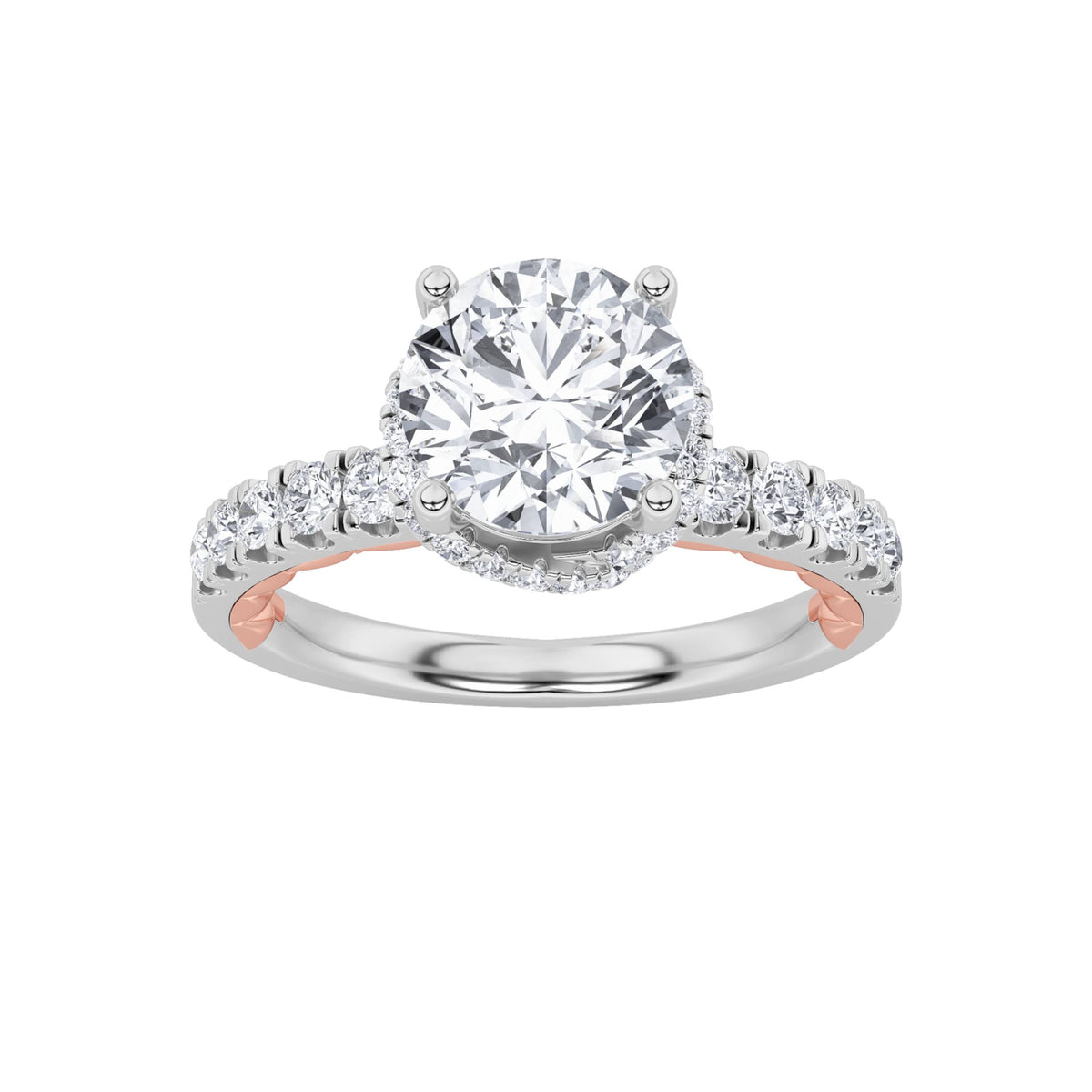 Round Shaped Lab Grown Diamond Two Tone Accented Fancy Engagement Ring
